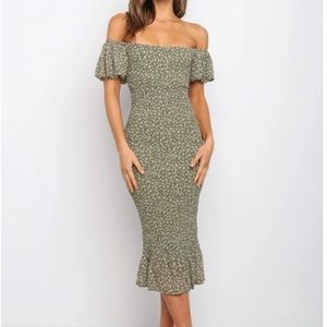 Petal & Pup, Green off-shoulder midi dress.